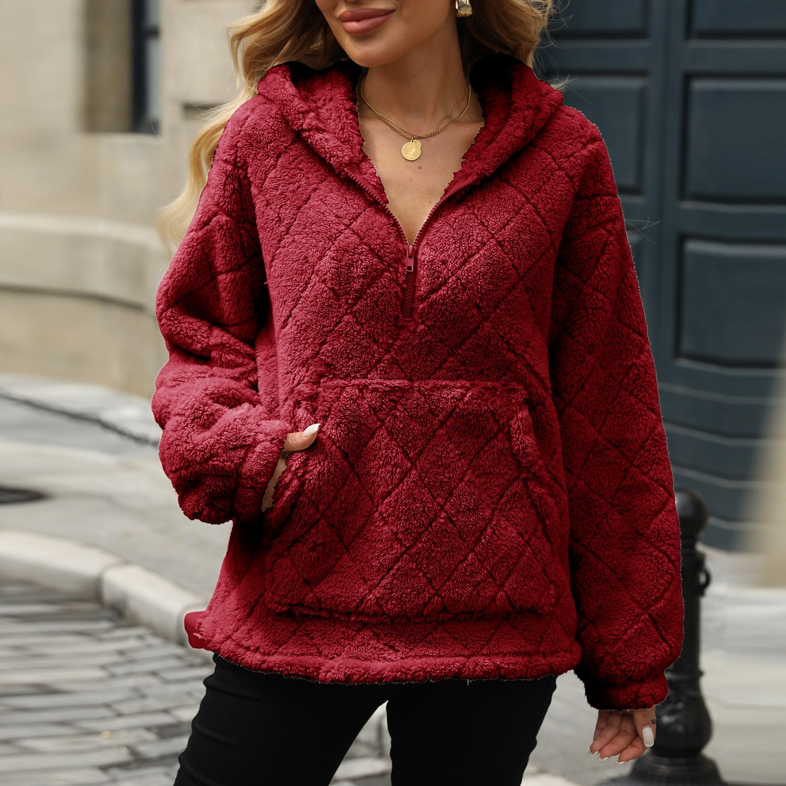thumbnail image 2 of Sudadera con capucha y media cremallera holgada para mujer - Chaqueta informal y cómoda para el frío, 2 of 8